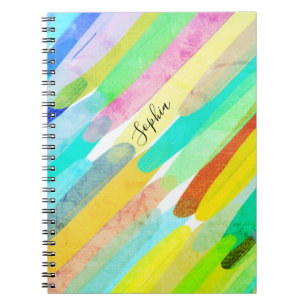 Caderno Espiral Traços de cores diagonais, nome, Abstrato art 70s
