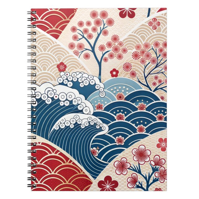 Caderno Espiral Traditional Red Blue Japanese Wave Sakura Pattern (Frente)