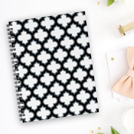 Caderno Espiral Trellis branca e preta, lete, quatrefoil