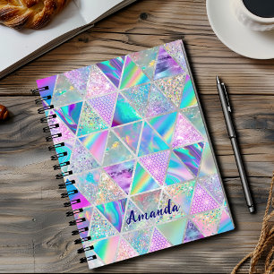 Caderno Espiral Trendência holográfica elegante, faux, geométrico