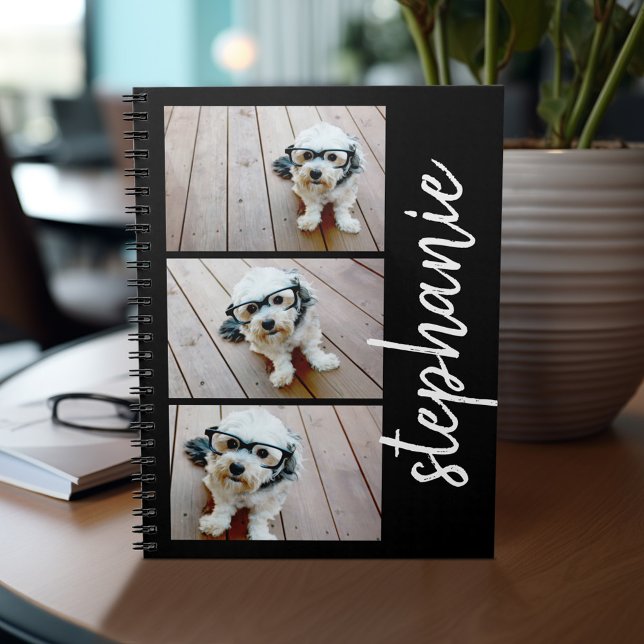 Caderno Espiral Trendy 3 Fotos preto & branco nome do script moder (Personalized notebook - add photos and your name or other text)