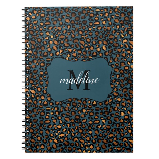 Caderno Espiral Trendy Chic Leopard Padrão Monograma Nome Espiral (Frente)