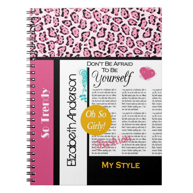 Caderno Espiral Trendy Fashion Newsprint Rosa Leopardo e Nome (Frente)