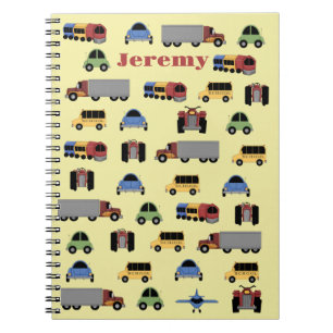 Caderno Espiral Trens, Planícies e Automóveis Meninos Monogramados