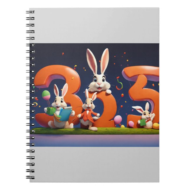 Caderno Espiral Três Lebres Felizes Segurando o Número 3 (Frente)