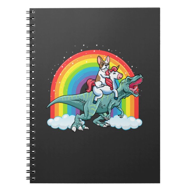 Caderno Espiral Trex Dinosaur French Bulldog Unicorn Rainbow (Frente)