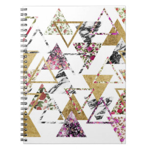 Caderno Espiral Triângulos geométricos de mármore Dourados flor