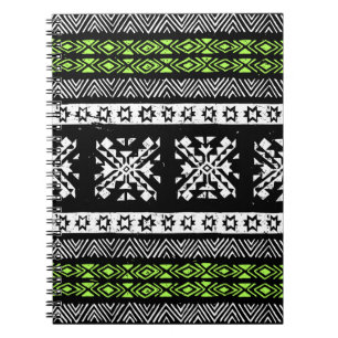 Caderno Espiral Tribal Navajo, padrão verde branco preto.