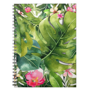 Caderno Espiral Tropicais Elegantes Folhas Verdes Florais Aquarela
