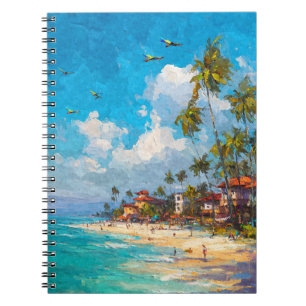 Caderno Espiral Tropical Beach Parrots Palm Sky Art
