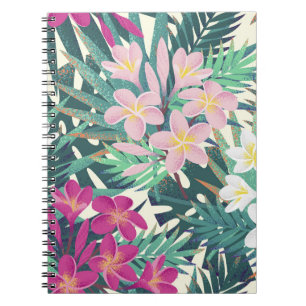 Caderno Espiral Tropical de Frangipani: Vintage branco-rosa.