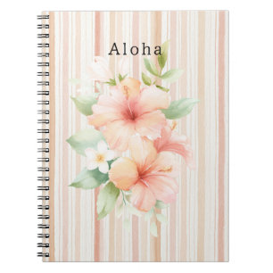 Caderno Espiral Tropical Hibiscus Floral Listras Creme Rubor Pêsse