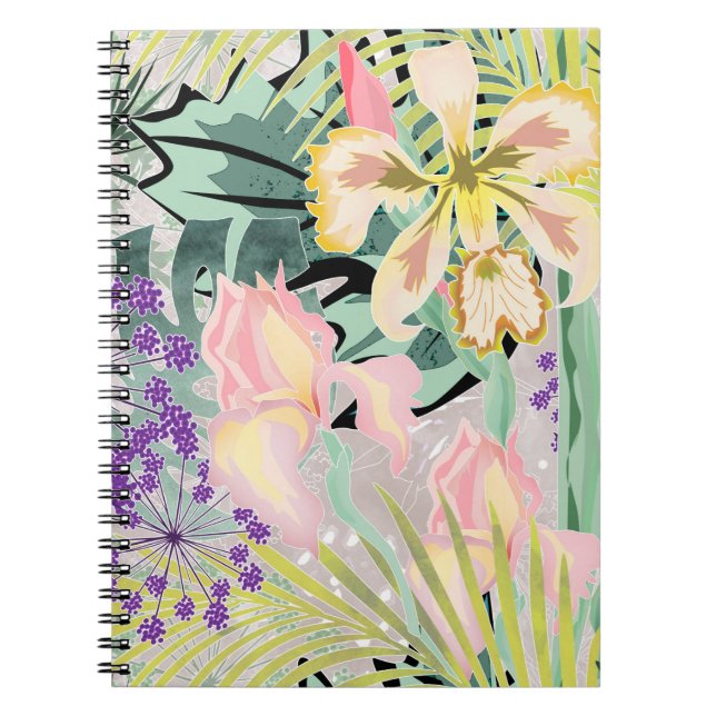 Caderno Espiral Tropical pattern with orchids. (Frente)