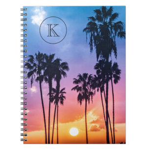 Caderno Espiral Tropical Rainbow Color Palm Tree Sunset Monograma