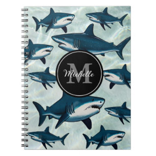 Caderno Espiral Tubarão branco azul elegante Monograma Personaliza