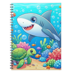 Caderno Espiral Tubarão e tartaruga submarinos coloridos tropicais