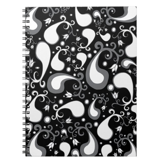 Caderno Espiral Tulip Paisley Floral abstrato preto e branco (Frente)