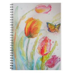 Caderno Espiral Tulipa e Borboleta Colorida Aquarela floral