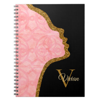 Caderno Espiral Tulipa Preta Rosa E Face Brilhante Dourada