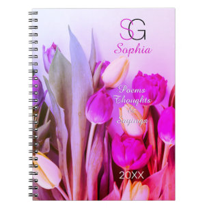 Caderno Espiral Tulipas Amarelas Violeta Rosa Nome Monograma Títul