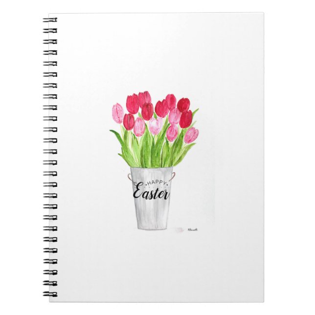 Caderno Espiral Tulipas Aquarela Felz pascoa Floral Rosa elegante (Frente)