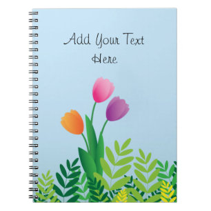 Caderno Espiral Tulipas coloridas e vegetação verde