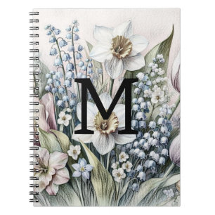 Caderno Espiral Tulipas cor-de-rosa com desenho floral monograma