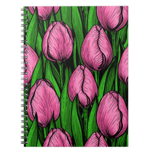 Caderno Espiral Tulipas cor-de-rosa com folhas verdes