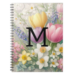 Caderno Espiral Tulipas cor-de-rosa com rendas monograma pastel fl