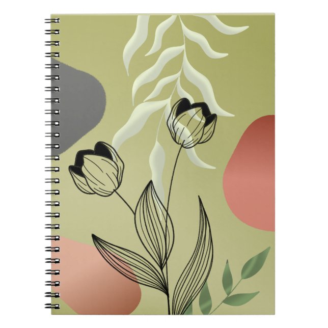 Caderno Espiral Tulipas de Arte da Linha Negra Elegante sobre Grad (Frente)