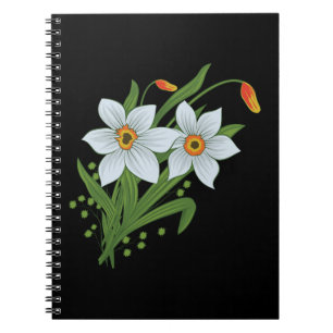 Caderno Espiral Tulipas e Narcisos Flores Fundo Preto