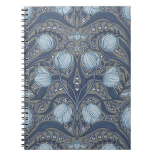 Caderno Espiral Tulipas Retro Nouveau em azul e estanho