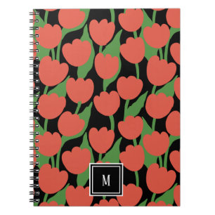 Caderno Espiral Tulipas vermelhas retro, monograma personalizado