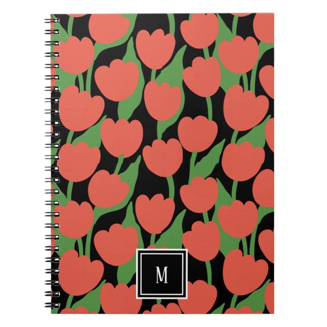 Caderno Espiral Tulipas vermelhas retro, monograma personalizado (Frente)
