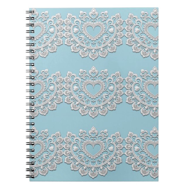 Caderno Espiral Turquesa Azul Branco Renda Coração Casamento Noiva (Frente)