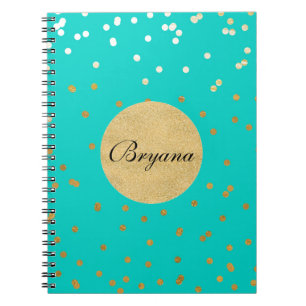 Caderno Espiral Turquesa Azul e Dourado Confetes Pontos Brilhantes