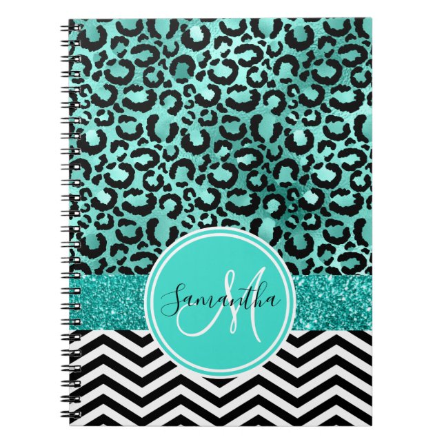 Caderno Espiral Turquesa Azul Falso Brilho Impressão Leopardo Mono (Frente)