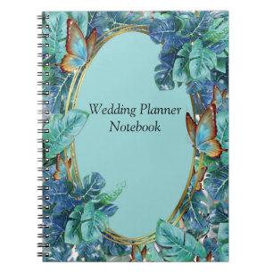 Caderno Espiral Turquesa Azul Monstera Folhas e Borboletas