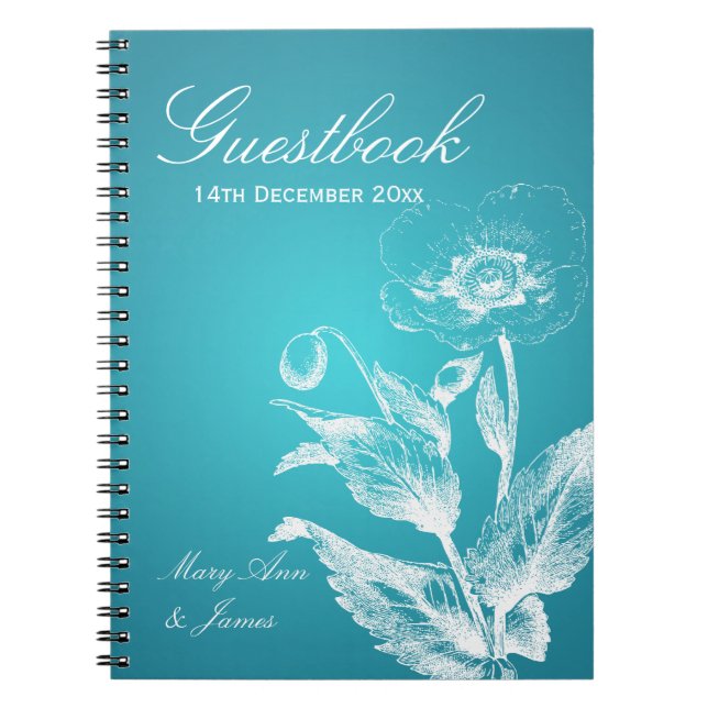 Caderno Espiral Turquesa da papoila do Guestbook do casamento (Frente)