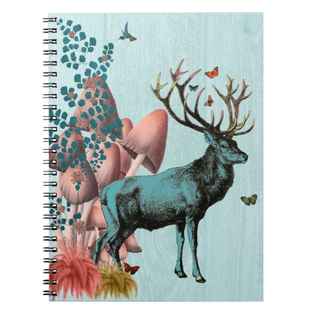 Caderno Espiral Turquesa Deer na Floresta dos Cogumelos 2 (Frente)