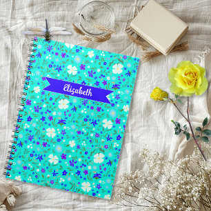 Caderno Espiral Turquesa Floral Ilustrada Personalizada Ditsy