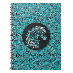 Caderno Espiral Turquesa vaqueira floral de cabedal de couro