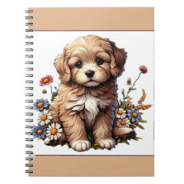 Caderno Espiral Um cachorrinho fofo e bonito nas flores silvestres