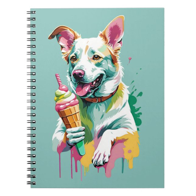 Caderno Espiral Um cachorro feliz comendo um sorvete (Frente)