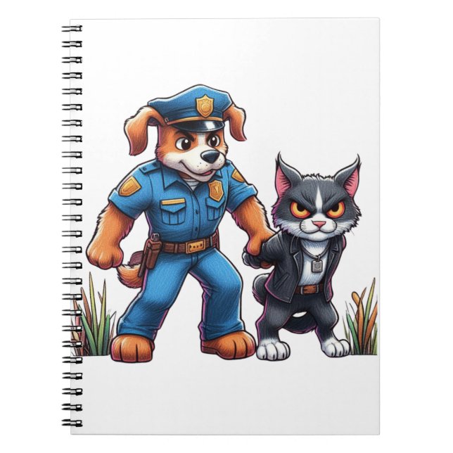 Caderno Espiral um cão de polícia e um gato malvado - humor (Frente)