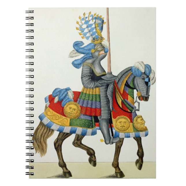 Caderno Espiral Um cavaleiro em sua maneira a um competiam, placa (Frente)