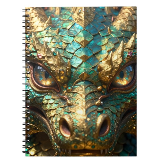 Caderno Espiral Um Dragão Místico Turquesa e Dourado (Frente)