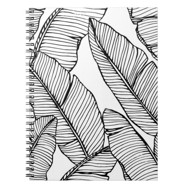 Caderno Espiral Um padrão de folha de bananeira sem costura. Preto (Frente)