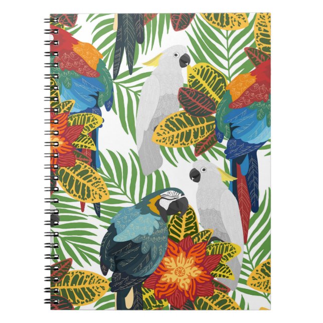 Caderno Espiral Um padrão tropical perfeito com papagaios.  (Frente)