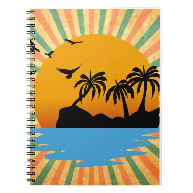 Caderno Espiral Um pôr do sol retrô com árvore (Frente)